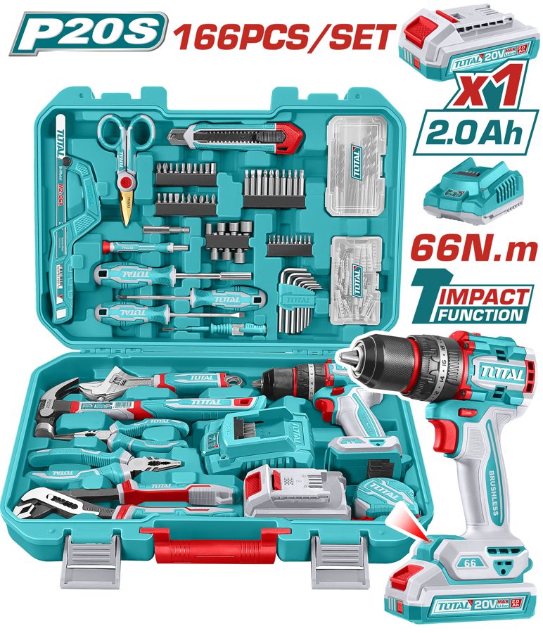 Kit Taladro Percutor a Bateria 20V con Juego de Herramientas (166 Pzs) - Bat/car - Total