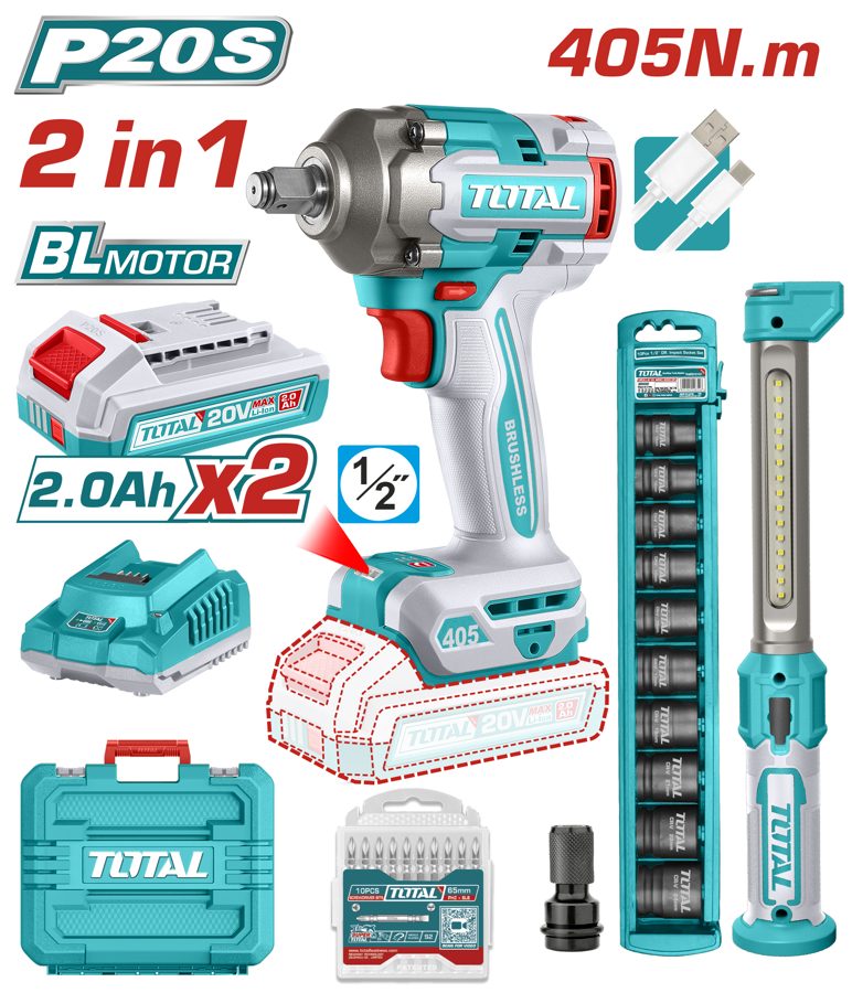 Llave de Impacto a Bateria 20V 405NM Bl (kit Lampara) - TOSLI23056 - 2BAT/CAR - Total
