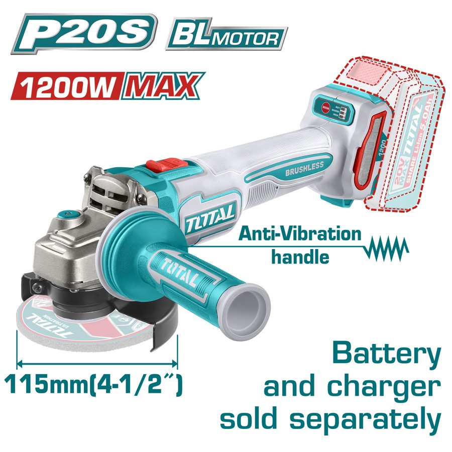 Amoladora a Bateria 20V Bl 115MM (1200W Max-antivib) - sin Bat - TAGLI212025 - Total