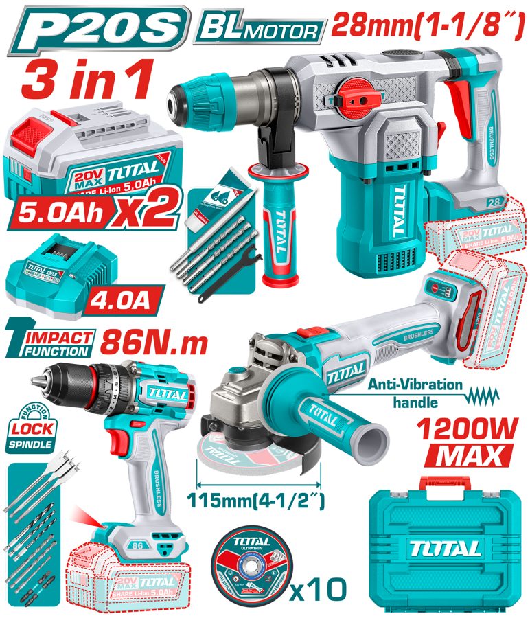 Kit Taladro Percutor 86NM, Rotomartillo 28MM y Amoladora 115MM -2BAT/CAR- Promo - TOSLI250693 - Total