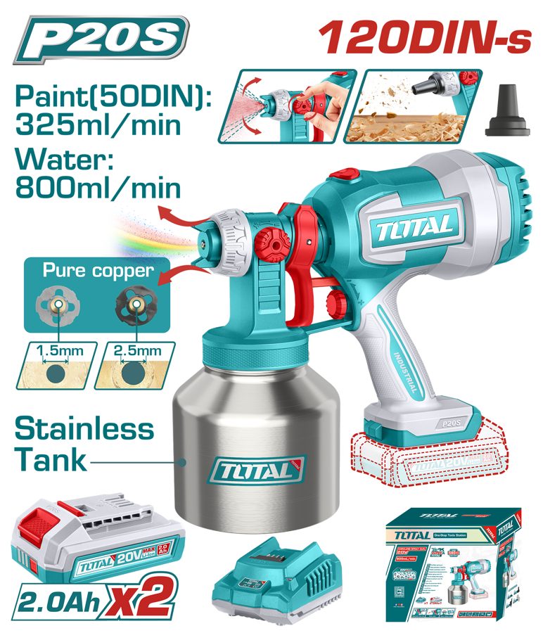 Pistola de Pintura a Bateria 20V (pote Inox) 120DIN 0.8L - 2BAT/CAR - TSGLI200414 - Total