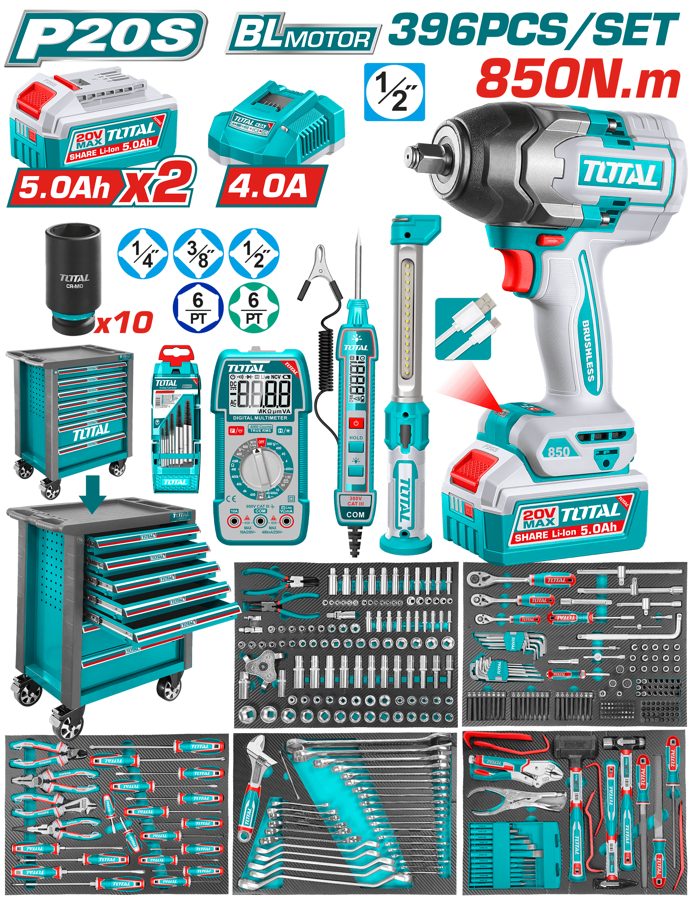 Kit Gabinete 6 Cajones con Juego de Herramientas y Llave de Impacto 850NM (396 Pzs) - 2BAT/CAR - Total