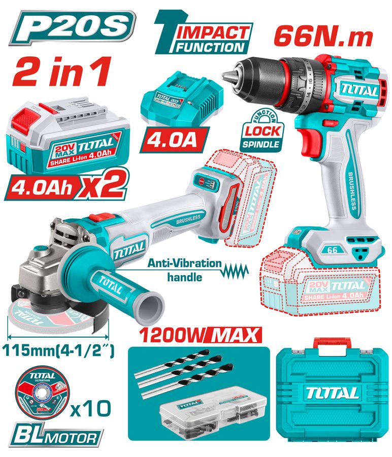 Kit Taladro Percutor 66NM y Amoladora 115MM (1200W Max) a Bateria 20V Bl - 2BAT/CAR - TCKLI20256 - Total