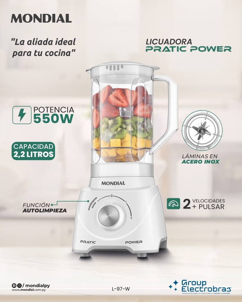 LICUADORA PRATIC POWER WHITE 550W 2,2L MONDIAL