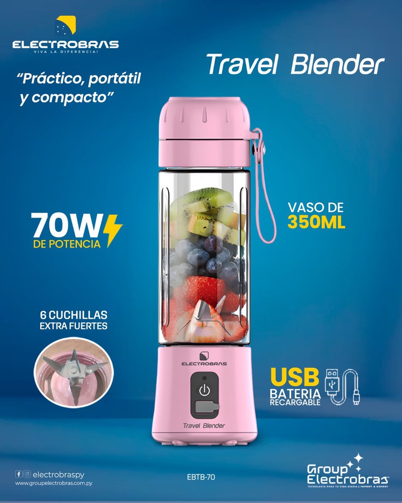 LICUADORA TRAVEL BLENDER RECARGABLE 70W 350ML ROSE ELECTROBRAS