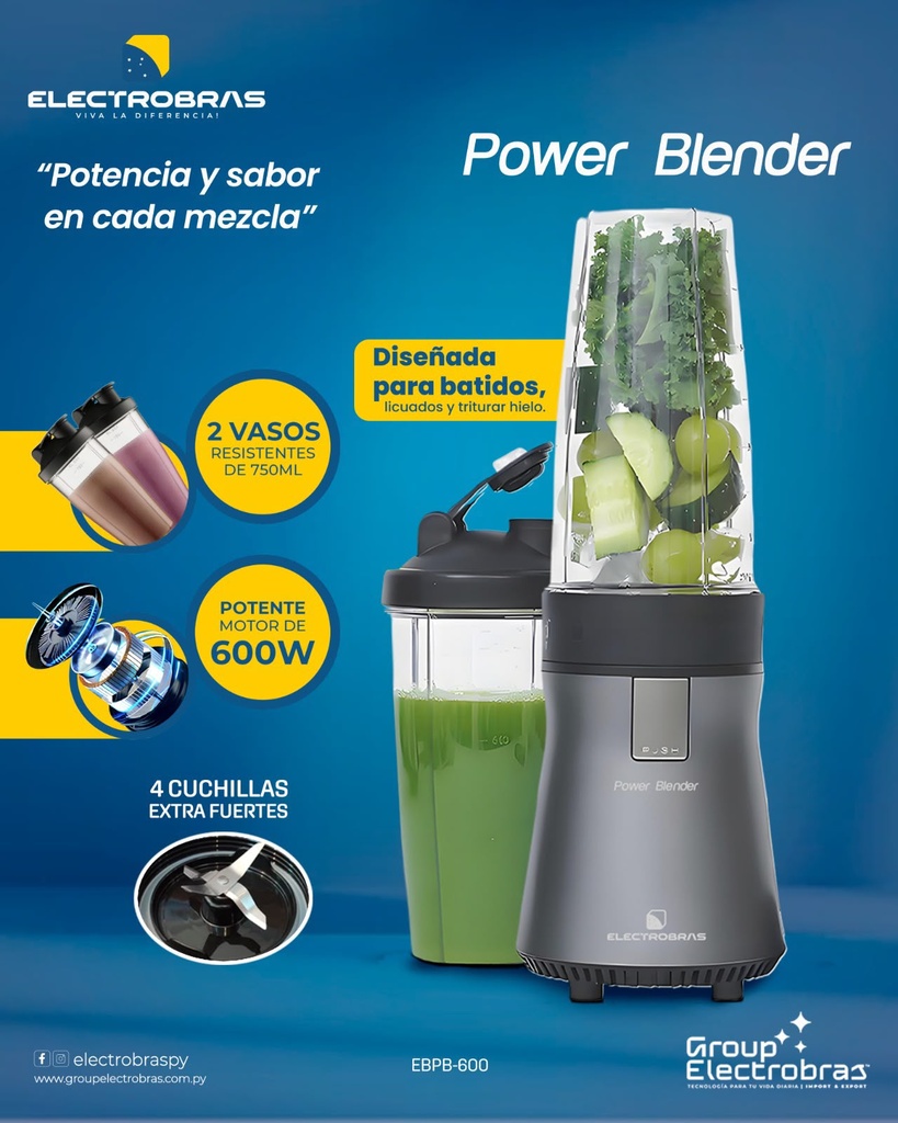 LICUADORA POWER BLENDER 600W 2 VASOS 750ML