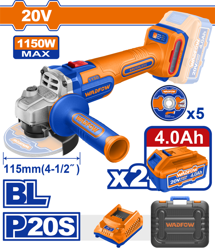 Amoladora A Batería 20V BL (1150w Max) - 2BAT/CAR - Wlapb522 - Wadfow