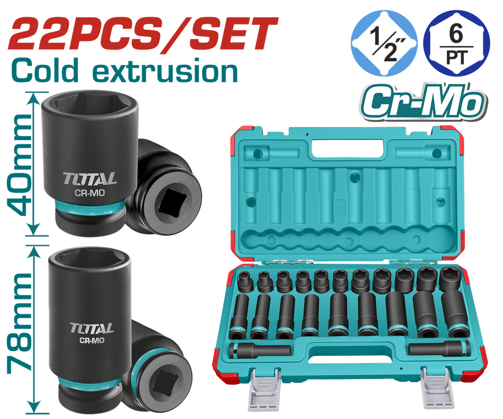 Juego De Llaves Tubo De Impacto 1/2PULG 40MM Y 78MM (22 Pzs) - Total