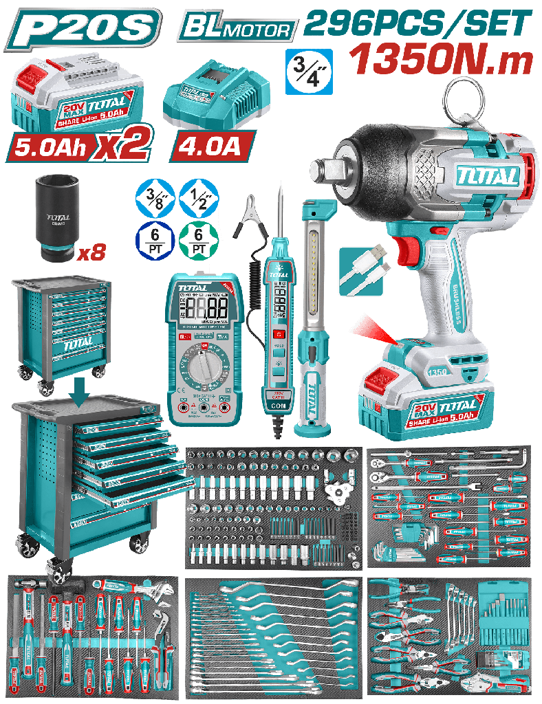 Kit Gabinete De 6 Cajones Con Juego De Herramientas Y Llave De Impacto 20V 1350NM (296 Pzs) - Total
