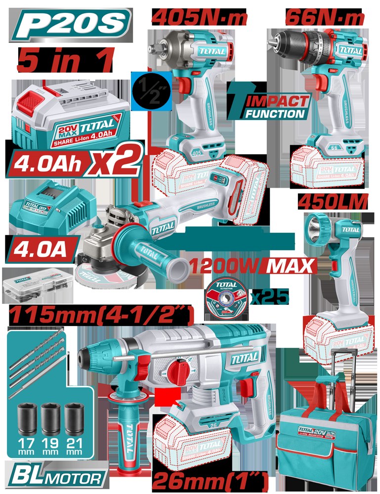 Kit Industrial De Herramientas A Bateria 20V BL - Tckli20595 - Total