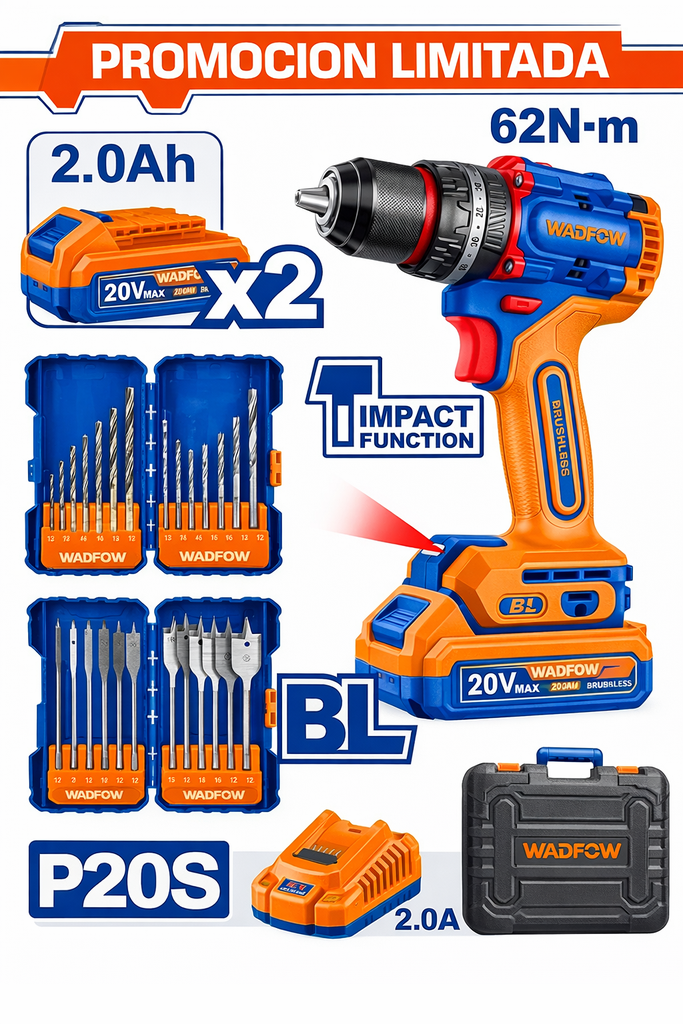 Kit Taladro Percutor A Bateria 20V 62NM (c/ Accesorios) - 2BAT/CAR - Promo - Wos250895 - Wadfow