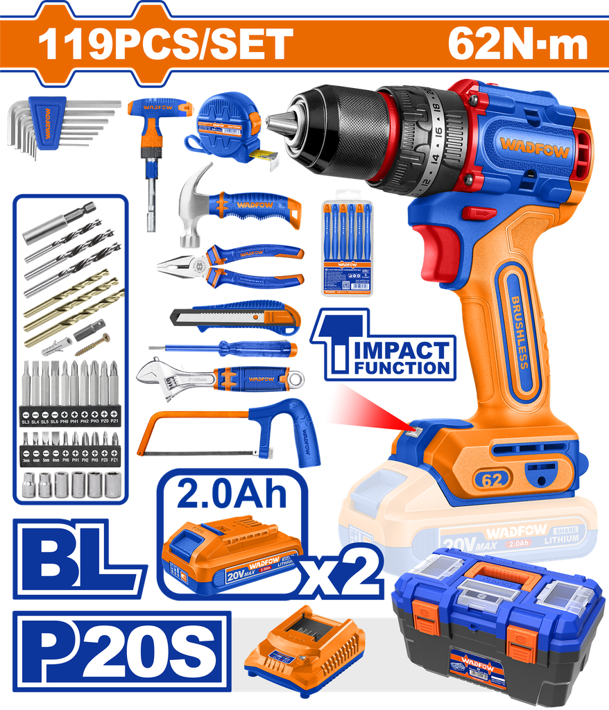 Kit Taladro Percutor A Bateria 20V 62NM (c/ Juego De Herr) (119 Pzs) - 2BAT/CAR - Wdt4b119 - Wadfow