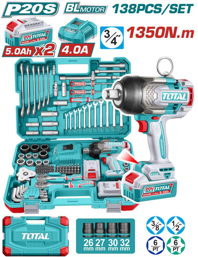 Kit Llave De Impacto A Bateria 20V 1350NM Con Herramientas (138pzs) - Bat/car - Thkthp41383 - Total