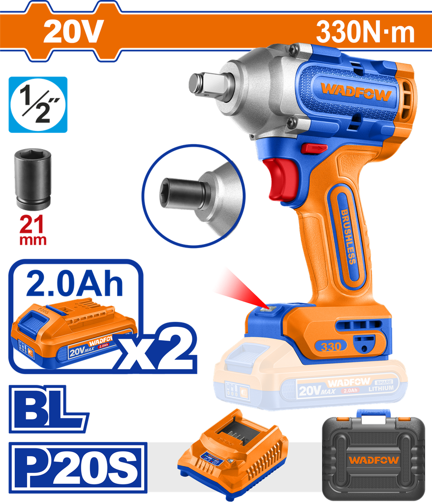 Llave De Impacto A Batería 20V 330NM BL - 2BAT/CAR - Wcd1b33 - Wadfow