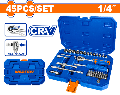Maletín Con Carraca, Llaves Tubo Y Accesorios 1/4 (45 Pzs) - Crv - Wadfow