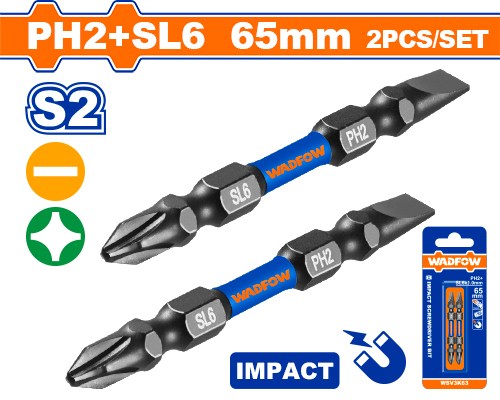 Puntas Bit De Atornillador De Impacto Ph2+sl6x1 65MM (2 Pzs) - Wadfow
