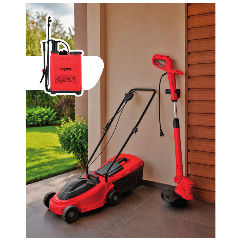 Combo Cortadora de Césped Eléctrica + Bordeadora Eléctrica + Fumigador de Mochila 16 L - NHJ-146 Nappo