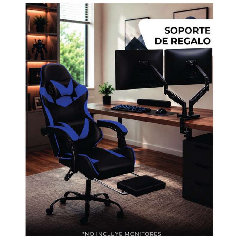 Combo Silla Gamer Xtreme con Posapiés Negra y Azul + Soporte de Monitor - Level