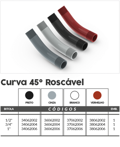 [ED13996] Curva Larga 45 Roscable Gris 1/2 pulg. - 36062002 Master Plásticos