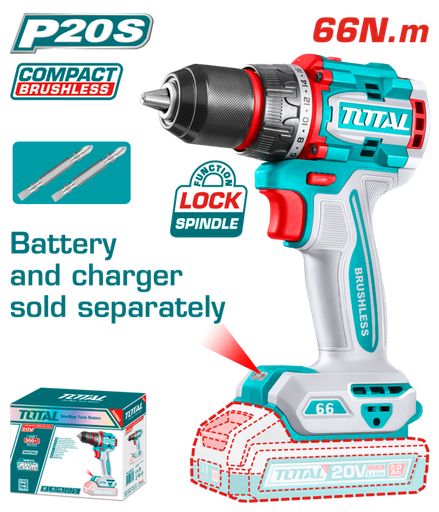 [FH20841] TALADRO ATORN A BATERIA 20V 66NM (COMPACTO) BL - SIN BAT - TDLI206681 - TOTAL