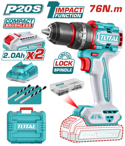 [FH20842] TALADRO DE IMPACTO (PERCUTOR) A BATERIA 20V 76NM BL - 2BAT/CAR - TIDLI20768 - TOTAL