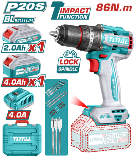 [FH20843] TALADRO DE IMPACTO (PERCUTOR) A BATERIA 20V 86NM BL - 2BAT/CAR - TIDLI20868 - TOTAL