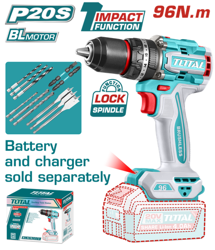 [FH20844] TALADRO DE IMPACTO (PERCUTOR) A BATERIA 20V 96NM BL - SIN BAT - TIDLI209681 - TOTAL