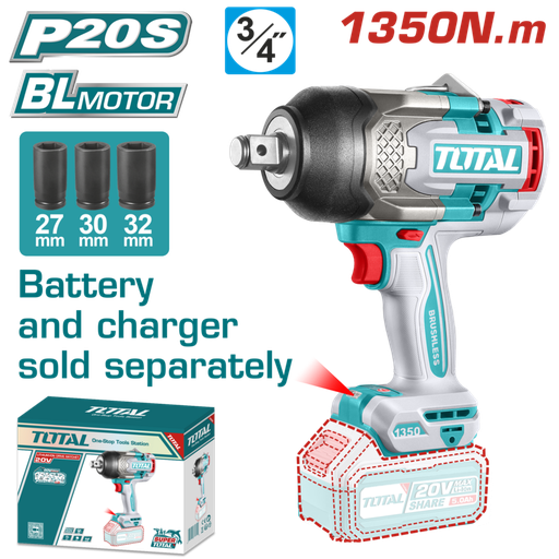 [FH20847] LLAVE DE IMPACTO A BATERIA 20V 1350NM (3/4PULG) BL - SIN BAT- TIWLI201351 - TOTAL