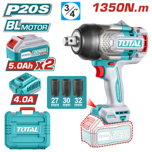 [FH20848] LLAVE DE IMPACTO A BATERIA 20V 1350NM (3/4PULG) BL - 2BAT/CAR - TIWLI20135 - TOTAL