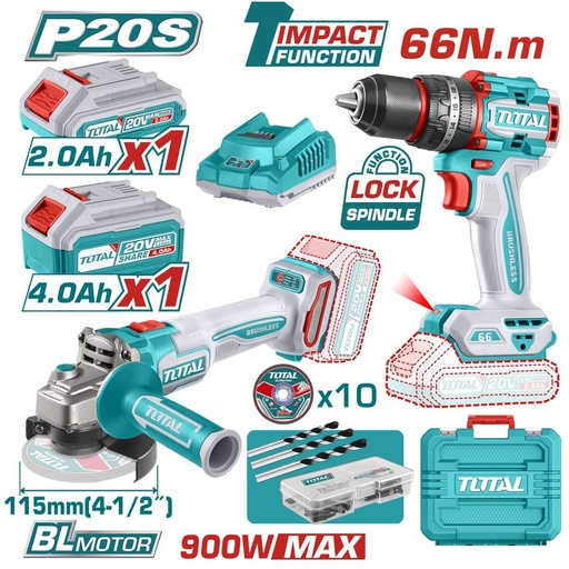 [FH37824] Kit Taladro Percutor 66NM y Amoladora 115MM (1000WMAX) a Bateria 20V Bl - 2BAT/CAR - TCKLI20273 - Total