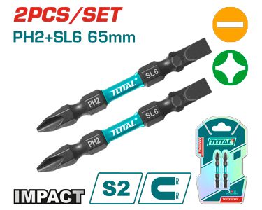 [FH38079] Puntas Bit de Atornillador de Impacto PH2+SL6 65MM (2 Pzs) - Total