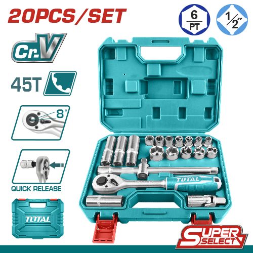 [FH38294] Maletín con Llave Criquet (carraca), Llaves Tubo y Accesorios 1/2 (20 Pzs) - Crv - Total