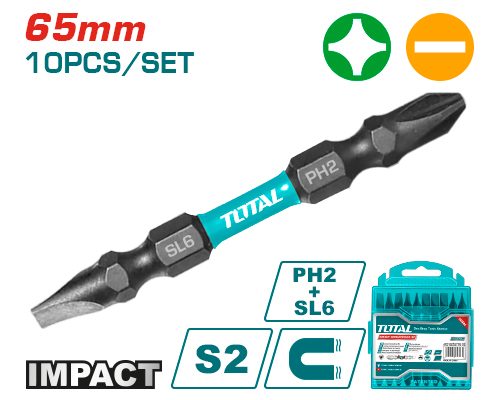 [FH38445] Puntas Bit de Atornillador de Impacto PH2+SL6X1 65MM (10 Pzs) - Total