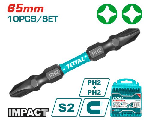 [FH38529] Puntas Bit de Atornillador de Impacto PH2+PH2 65MM (10 Pzs) - Total
