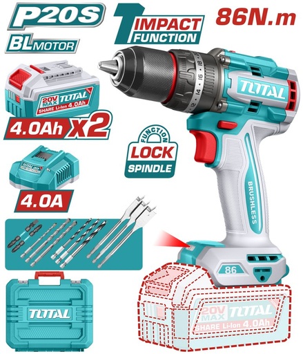 [FH38550] Taladro Percutor a Bateria 20V 86NM Bl - 2BAT(4AH+4AH)/CAR(4A) - TIDLI208682 - Total