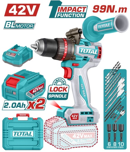 [FH38551] Taladro Percutor a Bateria 42V 99NM Bl - 2BAT/CAR - Total