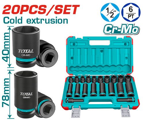 [FH38608] Juego de Llaves Tubo de Impacto Profundas 1/2PULG 78MM (10 Pzs) y 40MM (10 Pzs) - THKISD12203L - Total