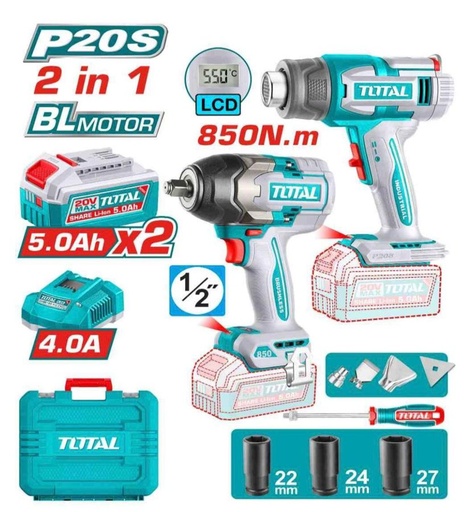 [FH38615] Kit Llave de Impacto 850NM y Pistola de Calor 20V (promo) - 2BAT/CAR - TOSLI250983 - Total