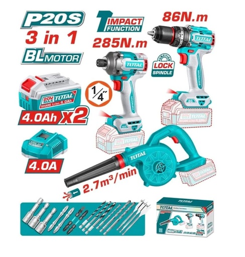 [FH38616] Kit Taladro Percutor 86NM, Atornillador Imp 285NM y Sopladora 20V (promo) - 2BAT/CAR - TOSLI250883 - Total