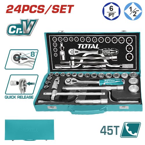 [FH38623] Caja Metálica con Llave Criquet (carraca), Llaves Tubo y Accesorios 1/2 (24 Pzs) - Crv - Total