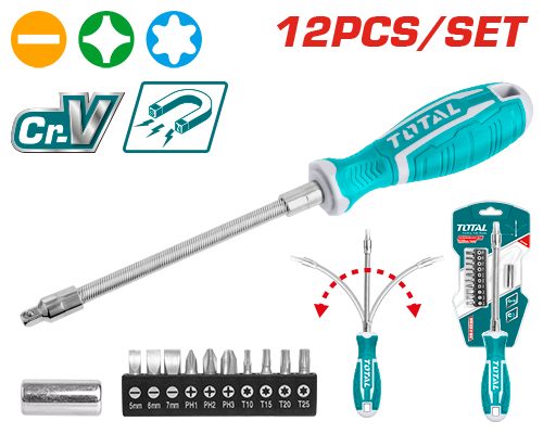 [FH38649] Destornillador Eje Flexible con Puntas (12 Pzs) - Crv - Total