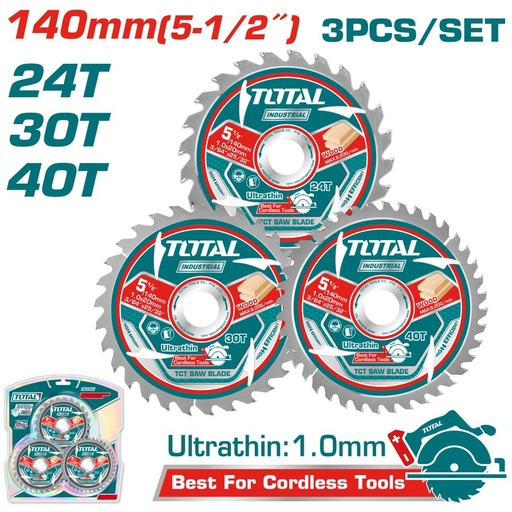 [FH38660] Discos (hojas) de Sierra Tct 140MM (24T, 30T, 40T) (corte Madera) (3 Pzs) - Total