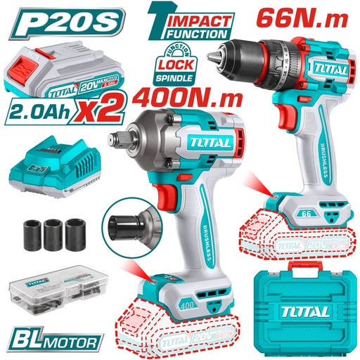 [FH38664] Kit Llave de Impacto 400NM y Taladro Percutor a Baterías 20V Bl - 2BAT/CAR - TCKLI20275 - Total