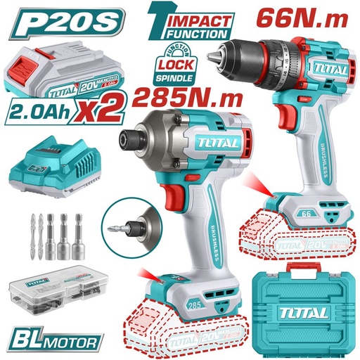 [FH38665] Kit Taladro Percutor 66NM y Atornillador de Impacto 285NM a Baterías 20V Bl - 2BAT/CAR - TCKLI20277 - Total