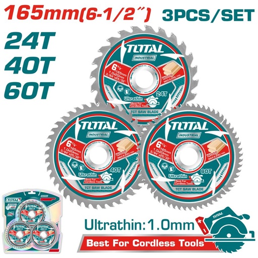 [FH38729] Disco (hoja) de Sierra Tct 165MM (24T, 40T, 60T) (corte Madera) (3 Pzs) - Total