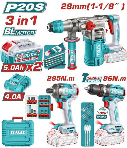 [FH38887] Kit Taladro Percutor 96NM, Rotomartillo 28MM y Atorn Impacto (promo) -2BAT/CAR - TOSLI250693 - Total