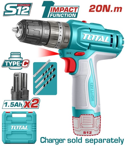 [FH38888] Taladro de Impacto (percutor) a Bateria 12V (tipo C) 20NM - 2BAT - TIDLI12206 - Total