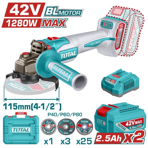 [FH38890] Amoladora a Batería 42V 115MM (1280W Max) Bl - 2BAT/CAR - TAGLI4128112 - Total