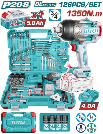 [FH38916] Kit Llave de Impacto 1350NM 3/4PULG a Bateria 20V con Herramientas (126PZS) - Bat/car - THKTHP31262 - Total