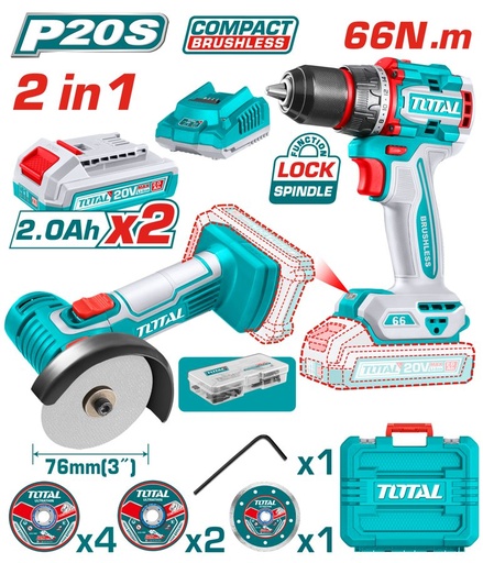 [FH38928] Kit Taladro Atorn y Miniamoladora 76MM a Batería 20V - 2BAT/CAR - TCKLI20766 - Total